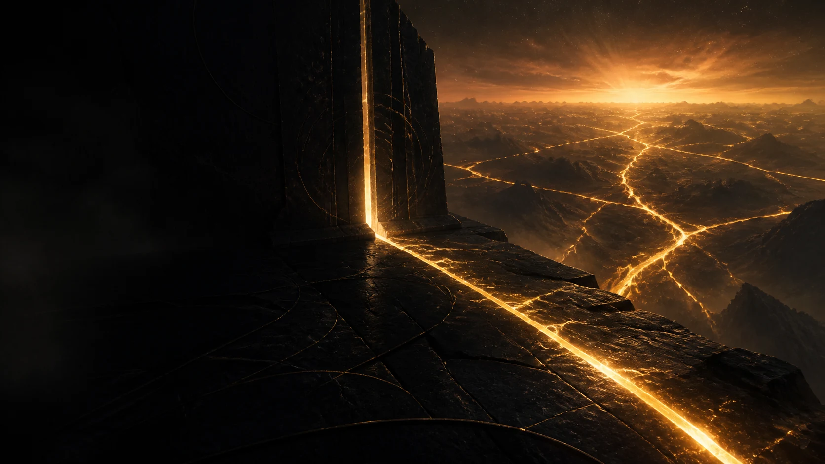 A golden line breaks through dark gates and becomes several illuminated roads beyond them