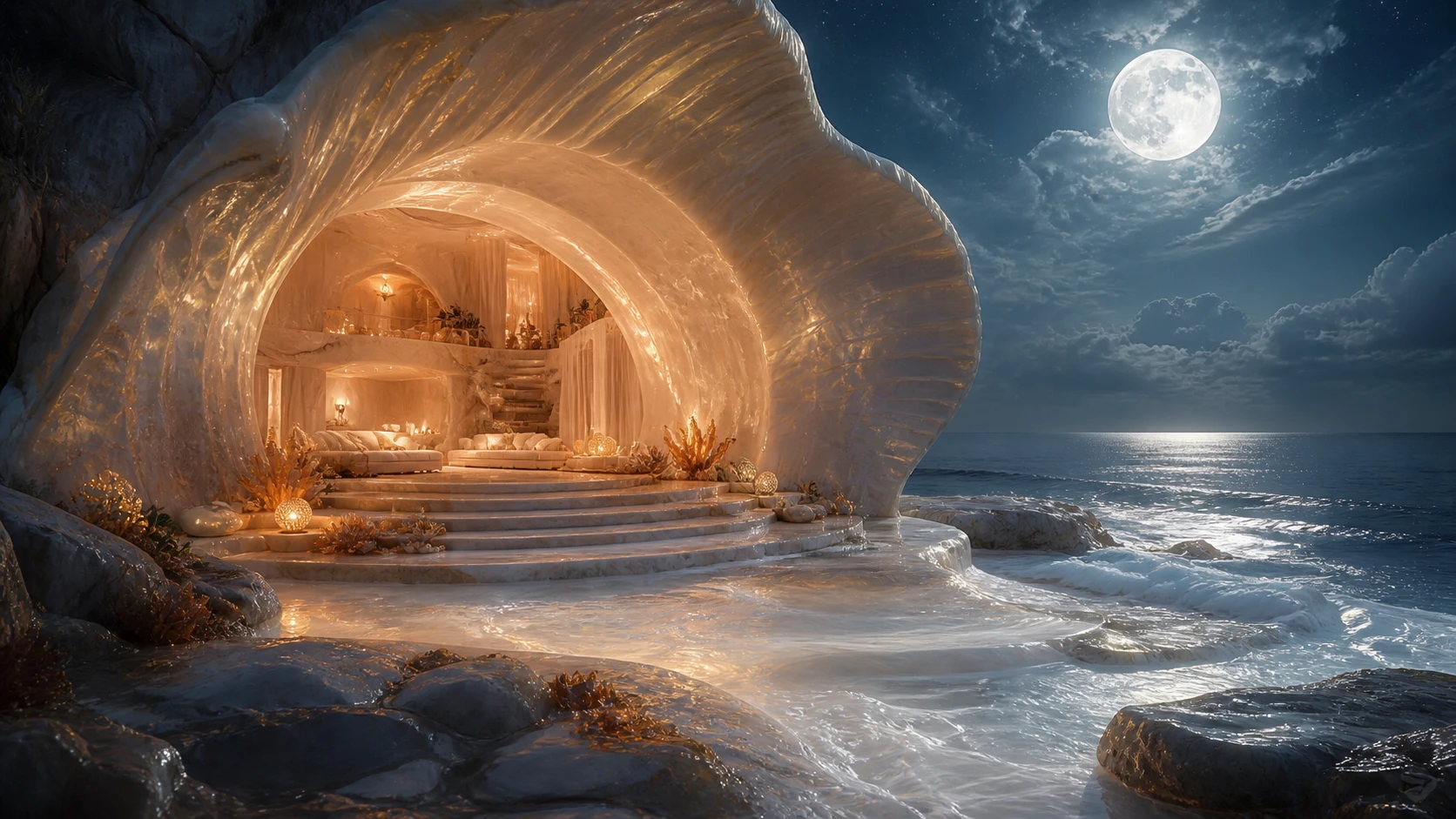 A lunar sanctuary opens its warm inner light toward a living ocean tide