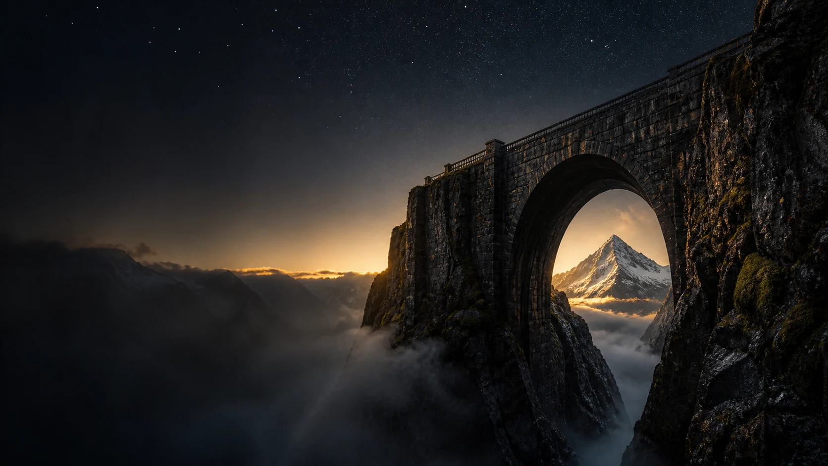 A monumental stone arch holds a path above an abyss, framing a distant illuminated summit