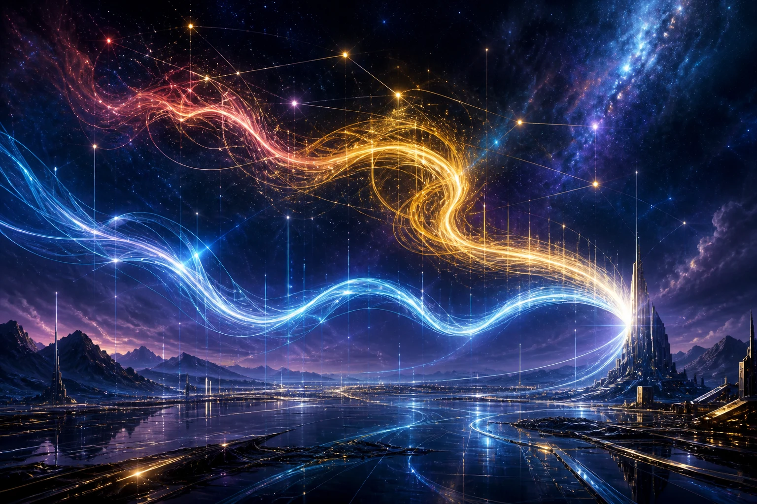 Two different streams of light separate, collect signals and reconnect into one clear line