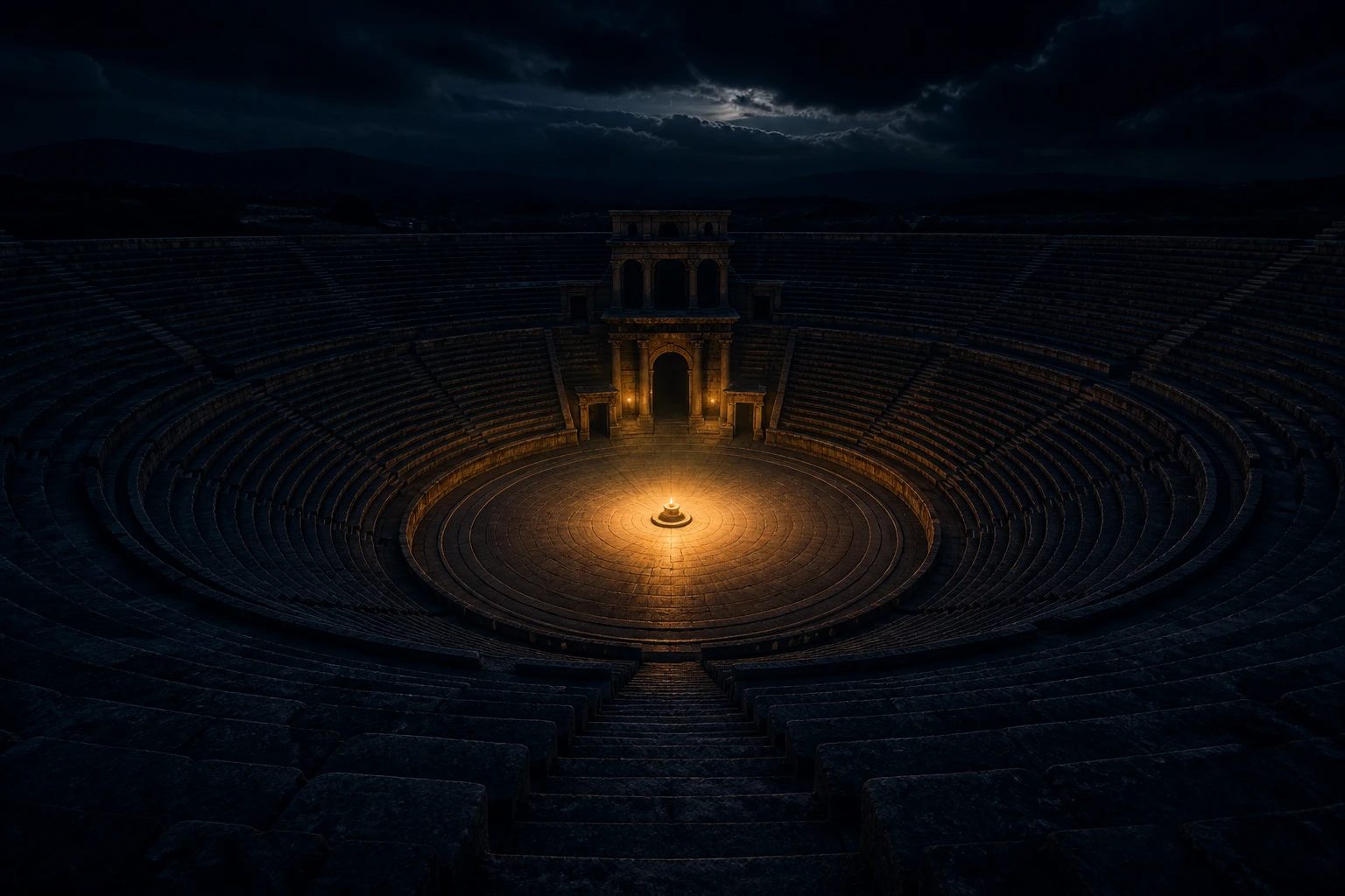 A single warm source of light continues to illuminate an empty amphitheater after the audience has left