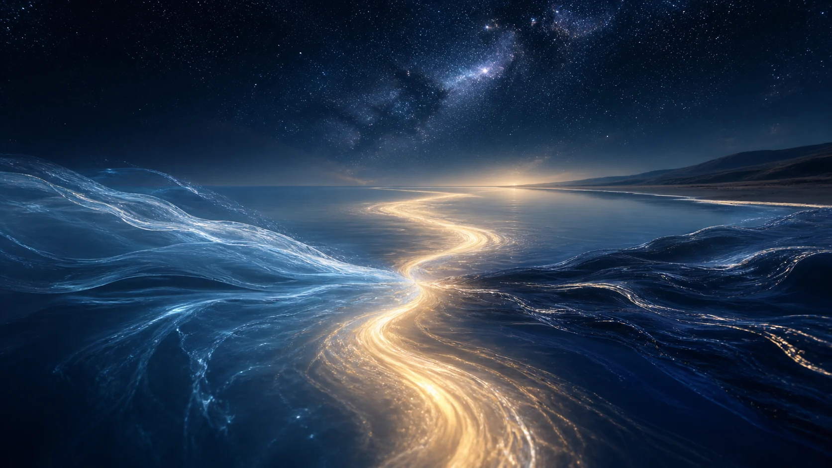 Two opposing ocean currents become one luminous path returning to a calm shore