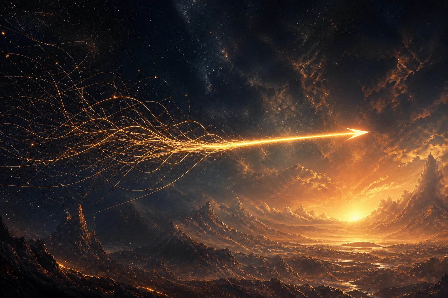 Many wandering lines of light resolve into one golden arrow crossing an open horizon