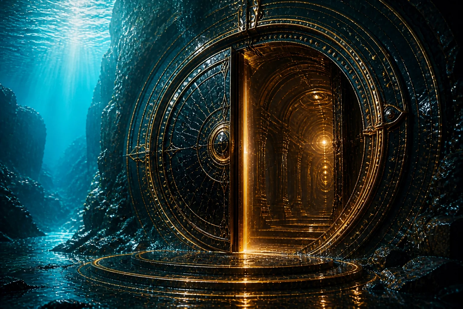 Dark water in cross-section: a bright rippled surface and a single shaft of light descending into the unlit depth