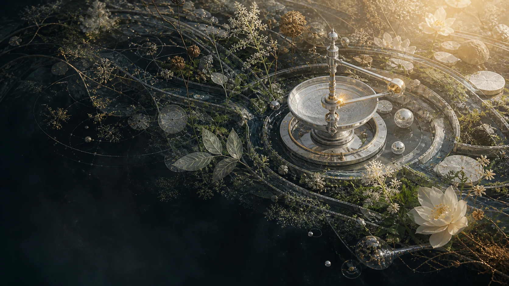 A living celestial conservatory grows around a precise silver instrument that gently supports its rhythm